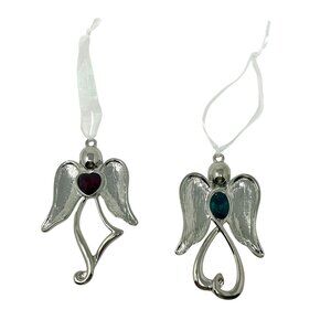 Elegant Silver‎ Angel Ornaments With Heart & Teardrop Gemstones - Vintage